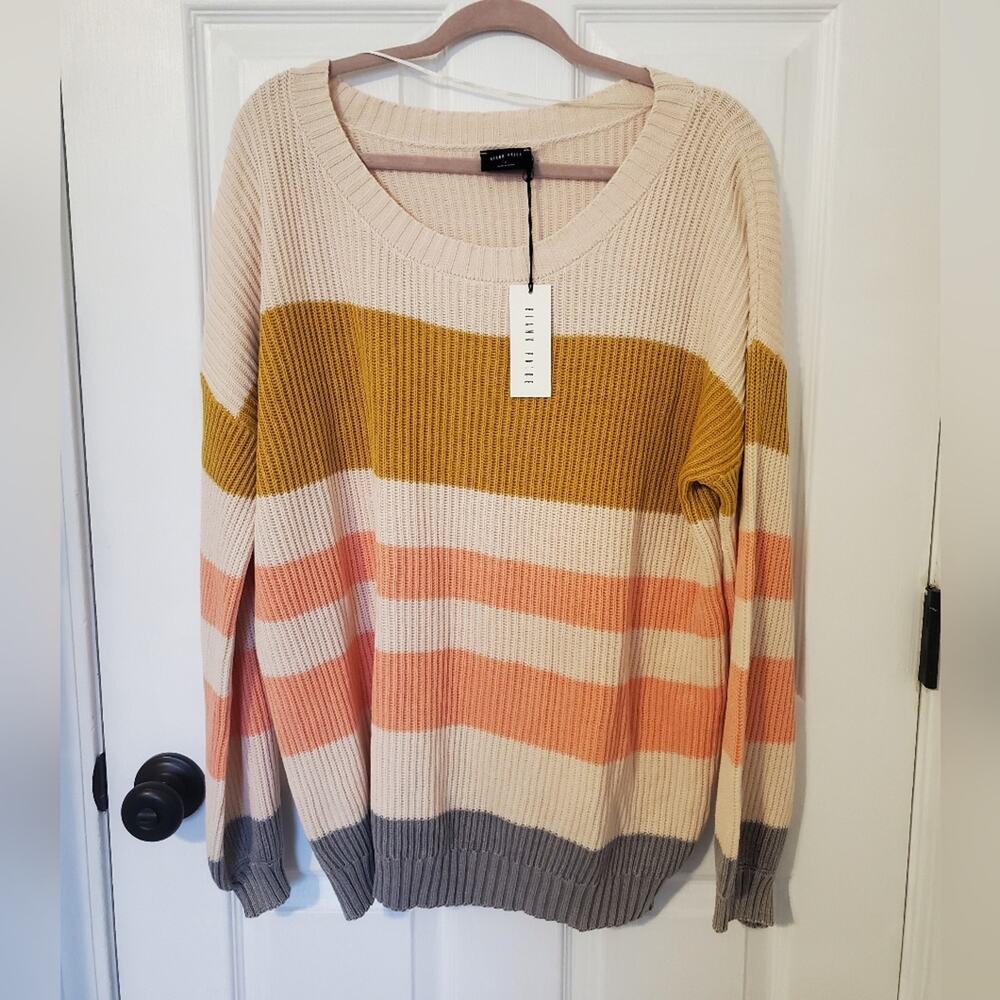 NWT Blank Paige Colorblock Stripe Cotton Knit Sweater Cream Mustard Peach Gray L